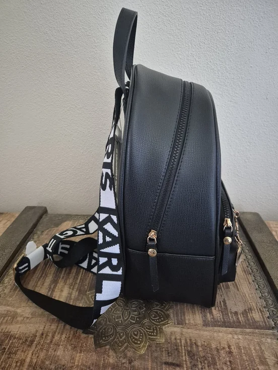 Karl Lagerfeld Paris Black  Backpack with Logo Straps and Charm Accents - Picture 9 of 16